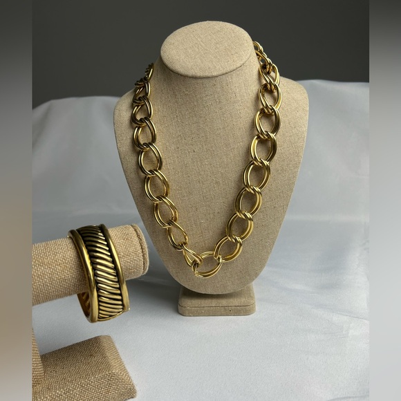 Jewelry - Gold Tone Double Link Necklace and Gold Tone & Black Clamper Bracelet